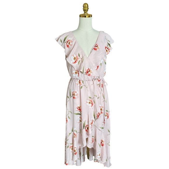 Soprano Dresses & Skirts - Soprano Women’s Pink Floral Asymmetrical Ruffle Trim Wrap Flowy Fairy Dress Sz L
